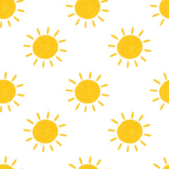 Seamless Sun Pattern with Hand-Drawn Yellow Suns. Cute and Cheerful Doodle Style Perfect for Summer Designs, Kids Products, Wallpapers, and Bright Seasonal Prints. Fun and Playful Vector Illustration