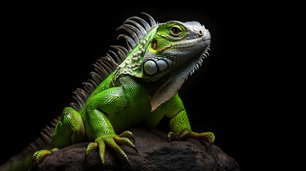 Fototapeta premium A green iguana with white frills sitting on a rock, against a black background. This is a full-body portrait, captured with professional photography and studio lighting