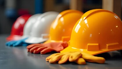 A set of brightly colored hard hats and safety gloves neatly arranged on a workbench, perfect for World Day of Safety and Health at Work