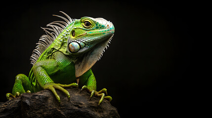 A green iguana with white frills sitting on a rock, against a black background. This is a full-body portrait, captured with professional photography and studio lighting