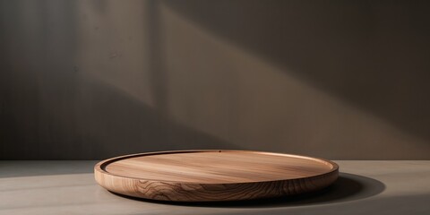 Round wooden serving platter on dark background.