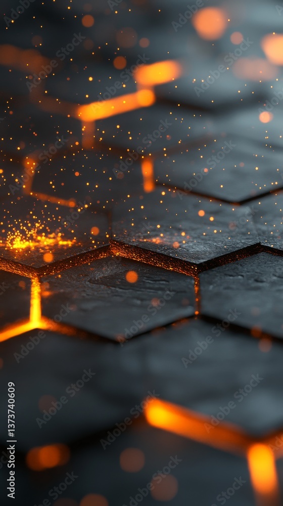 Poster fiery orange glowing cracks spread across a hexagonal surface, creating a striking contrast against 