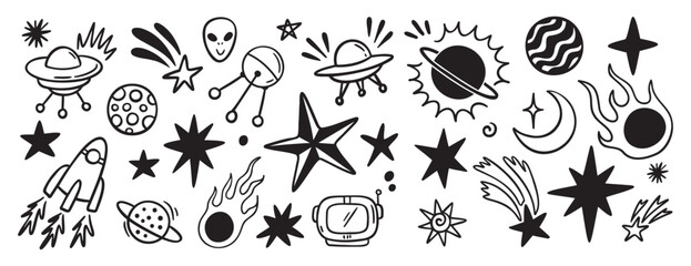 space, planets, stars and sun doodle hand drawn icon set. Outline drawing space sign line clipart symbol collection © Yanka