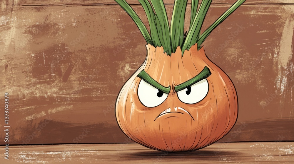 Poster a humorous illustration of an anthropomorphic onion with a furrowed brow and angry expression. set a