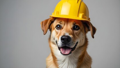 Studio portrait of a dog wearing a yellow hard hat, symbolizing workplace safety and protection