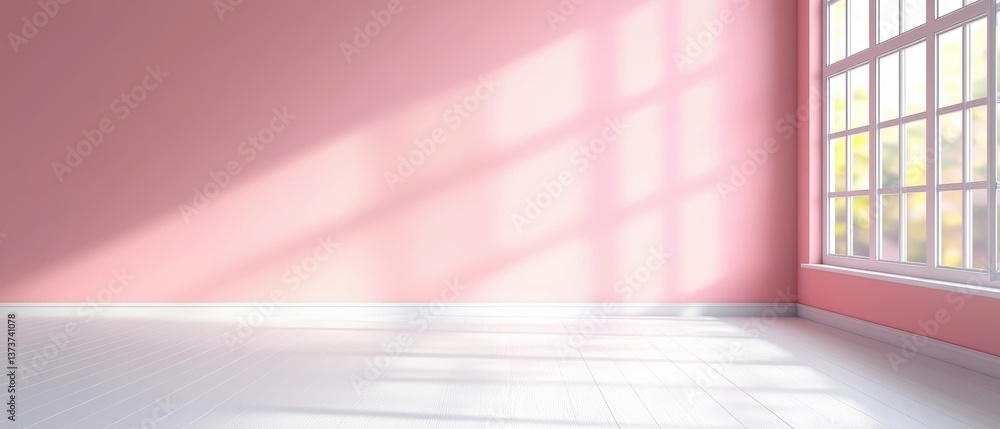 Poster a sunny room with pink walls and large windows, creating a warm and inviting atmosphere with shadows