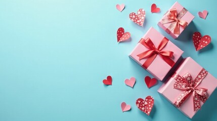 Pink Presents and Paper Hearts on a Light Blue Background A Festive Composition for Romantic Occasions