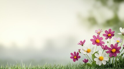 Obraz premium A soft, dreamy background featuring delicate flowers in shades of pink and white, set against a gentle, blurred landscape.