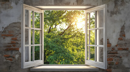 Obraz premium Forest window view scenery nature landscape green tree view window decor wallpaper