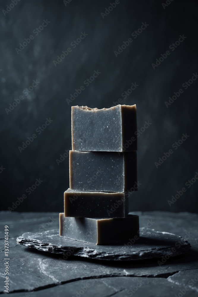 Poster stack of dark soap bars resting on a slate plate with textured background in softly lit room