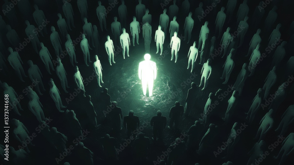 Poster a luminous figure dominates the center, surrounded by shadowy, human-like forms in a dark setting. t