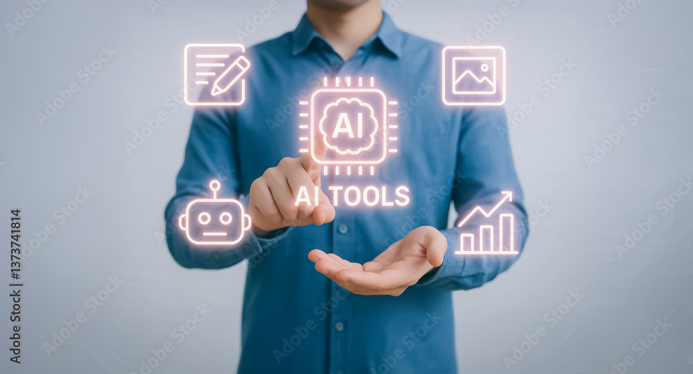 Poster person interacting with floating holographic icons representing ai tools like writing, data analysis