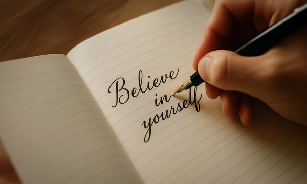 Close-up of a hand writing 'Believe in yourself' in elegant calligraphy on a lined notebook, inspiring self-confidence and motivation.