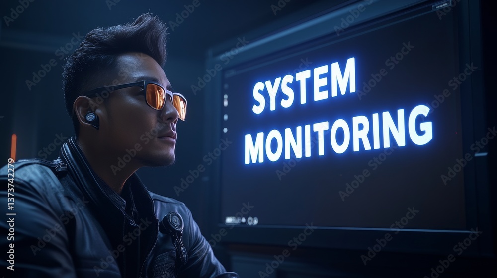 Poster concentrated it expert monitoring network system performance, glowing system monitoring text overlay