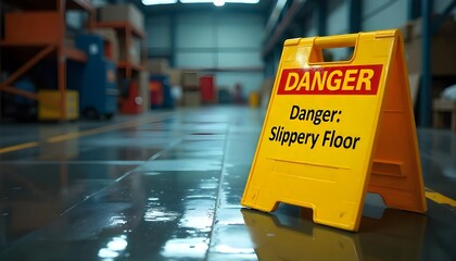 A caution sign reading Danger Slippery Floor placed on a wet factory floor, perfect for world day for safety and health at work