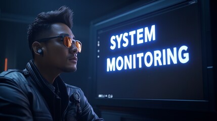 Concentrated IT Expert Monitoring Network System Performance, Glowing System Monitoring Text Overlay