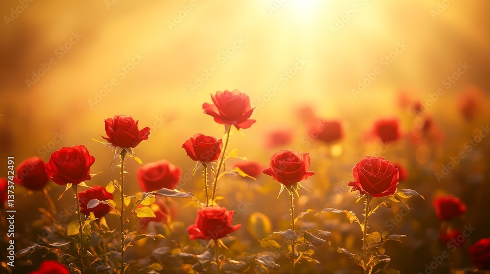 Poster a stunning rose field illuminated by the golden sun, emphasizing the rich red tones of the blossoms 