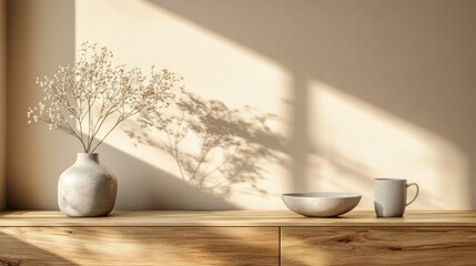 Still life composition features vase flowers bowl and mug