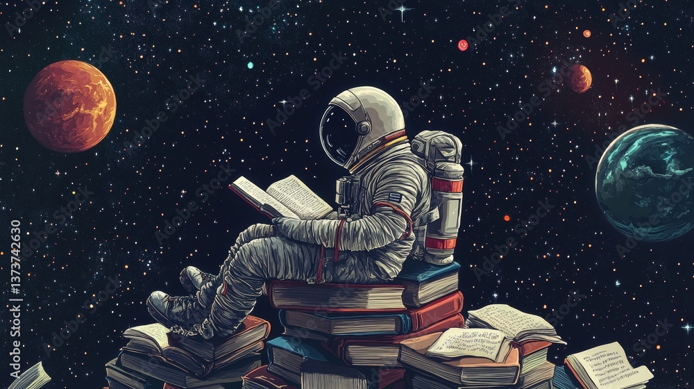 Poster astronaut on a pile of books in a vivid outer space setting, surrounded by planets and stars. a crea