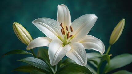 Fototapeta premium Elegant white lily blooms amidst lush green leaves, set against a serene teal backdrop. Delicate buds frame the captivating floral centerpiece