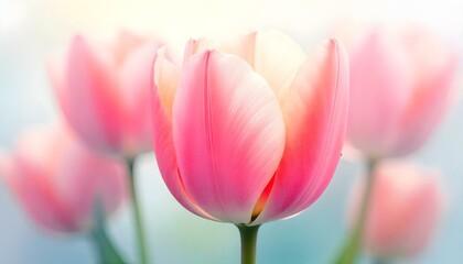 Fototapeta premium Close-up watercolor painting of tulip petals with water droplets, soft pastel color palette, delicate brushstrokes, translucent textures