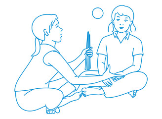 girls playing a traditional toy - ball with chopstick