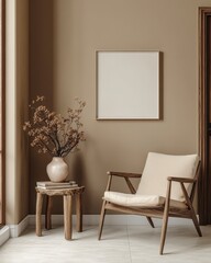 Neutral Interior with Empty Square Frame Above Rustic Wooden Chair and Table Against Beige Wall with Modern Minimalist Design Featuring Warm Cozy Ambiance