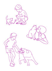 little boy and kitten, dog, animal, pet playing outside