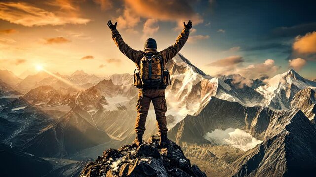 A faithful man with a backpack on a hilltop with open arms looking up at the sky trusting his life to God 4K