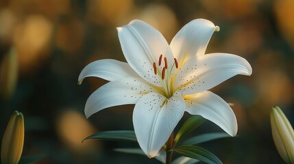 Fototapeta premium Delicate white lily blooms steal the spotlight in this soft, dreamy portrait. Subtle background blur enhances the flower's graceful beauty