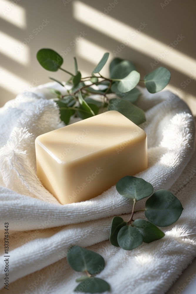 Poster natural soap resting on a soft towel surrounded by fresh greenery in a serene setting during dayligh