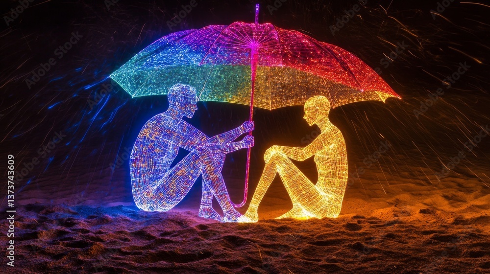 Poster two wireframe figures share a moment of connection under a glowing rainbow umbrella. the neon-lit ar