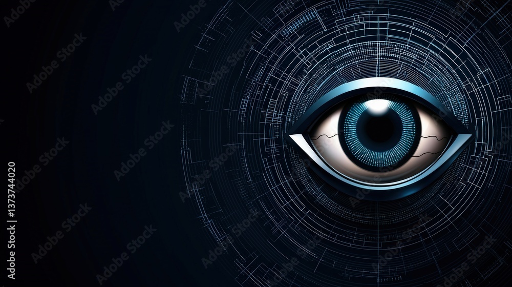 Poster cyber security awareness surveillance protection concept. digital eye with abstract circuit patterns