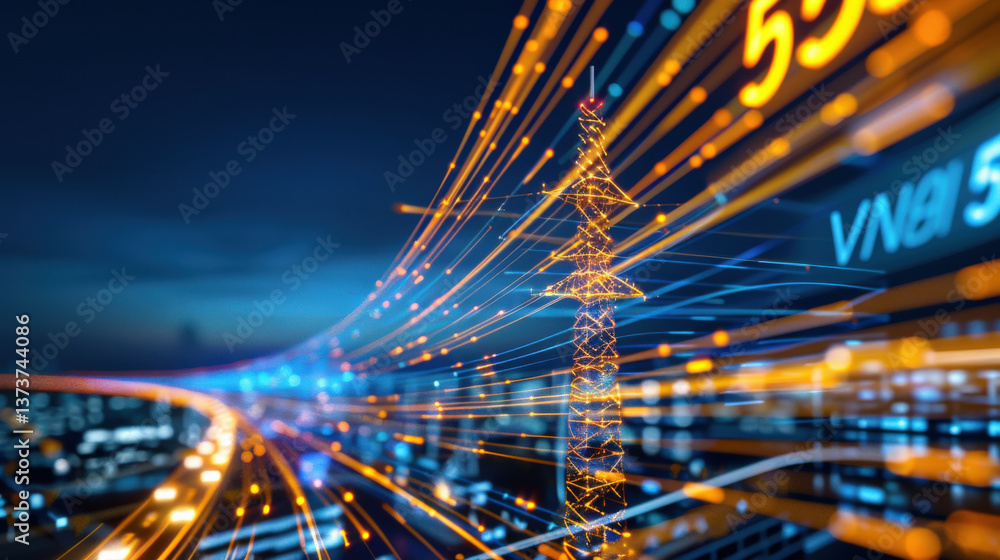 Poster digital transmission tower stands amidst network of glowing lines, symbolizing advanced 5g technolog