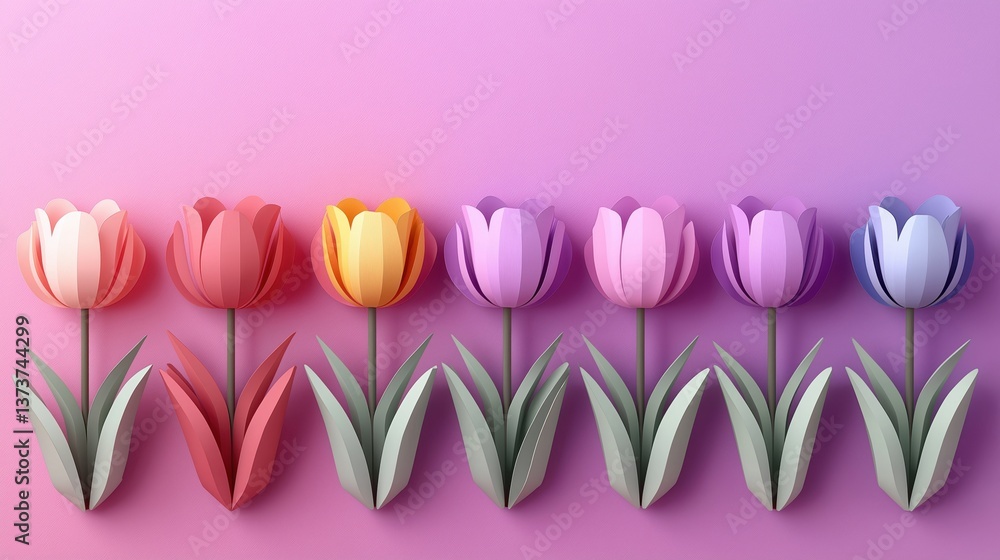 Poster a vibrant display of colorful paper tulips arranged in a row, set against a soft pink background, cr