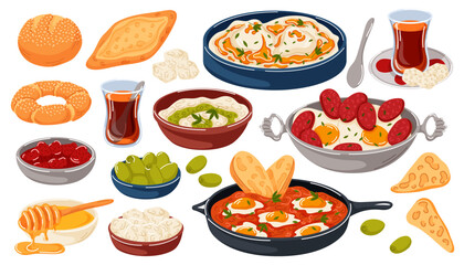 Traditional Turkish breakfast food simit, tea, cilbir, egg, sucuk, menemen, pogaca, bread in cartoon. Middle eastern cuisine for restaurant menu, cafe, bakery isolated on a white background.