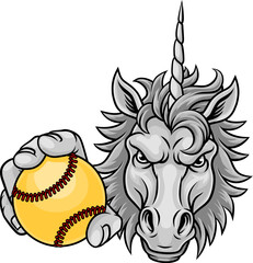 Unicorn horse mustang bronco stallion baseball softball angry sports team mascot holding a ball.
