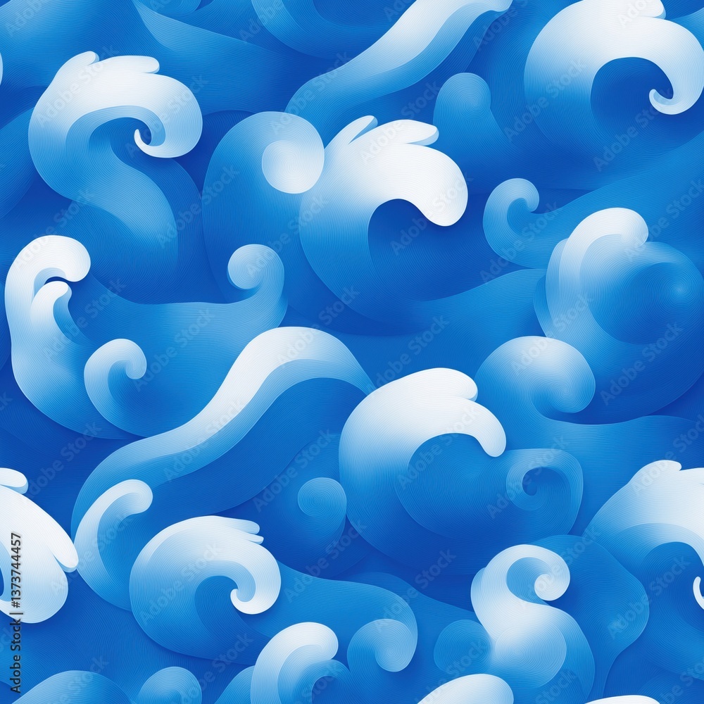 Poster a vibrant pattern of stylized blue waves with white highlights, creating a dynamic and fluid oceanic