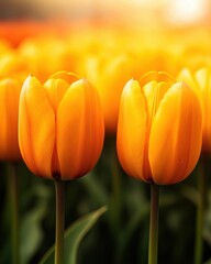 Naklejka premium Bright yellow tulips in a field, basking in warm sunlight, showcasing their vibrant petals and lush green stems.