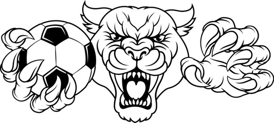 A panther, leopard or cougar wildcat cat jaguar soccer football sports mascot holding a ball