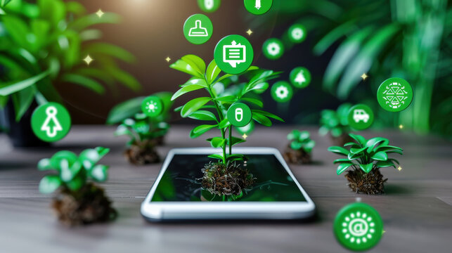 smartphone on wooden surface with small plants growing from it, surrounded by green technology icons, symbolizes eco friendly innovation and sustainable technology