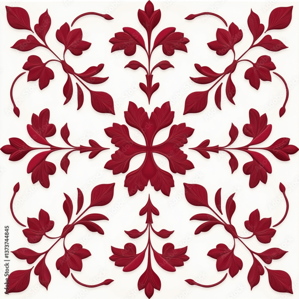 Poster a symmetrical floral design featuring rich red leaves and petals against a light background, creatin