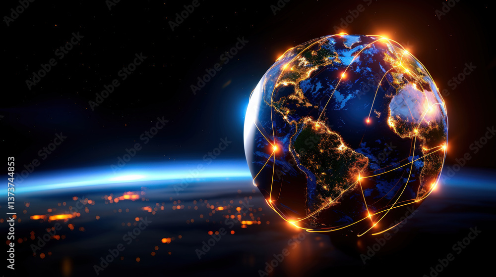 Poster glowing Earth with interconnected lines represents global communication and connectivity. illuminated continents and network lines highlight concept of connected world