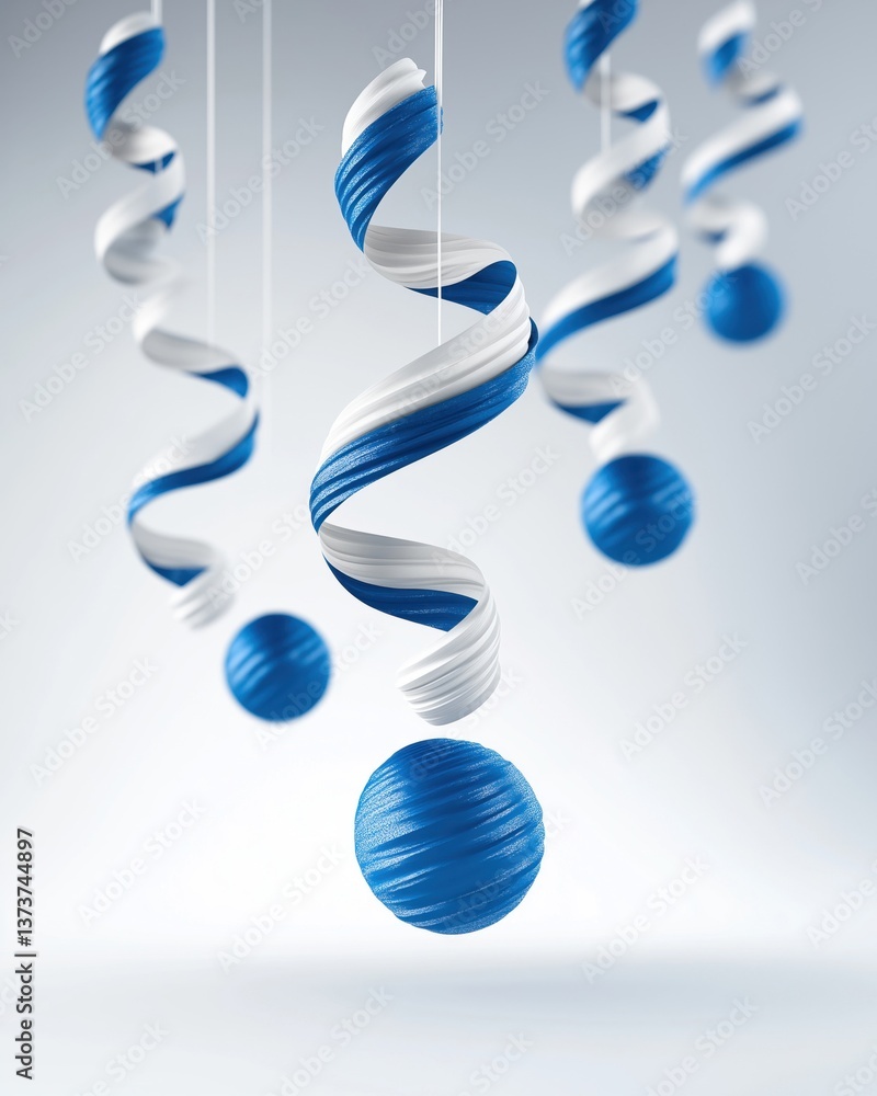 Poster a visually appealing arrangement of blue and white spirals and spheres, creating a dynamic and festi