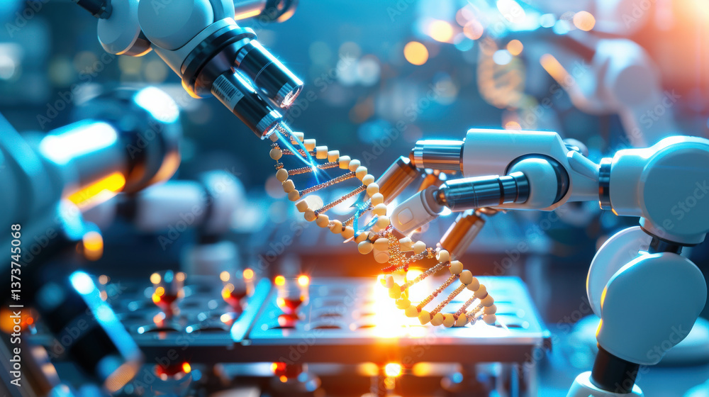 Poster robotic arms delicately analyze dna strand in futuristic laboratory setting, showcasing advanced hea