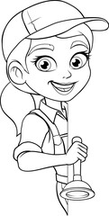 A woman female plumber holding a drain plunger tool builder construction cartoon character mascot.