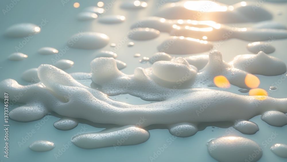 Poster soft foam bubbles glistening on a smooth surface under sunlight in a tranquil setting
