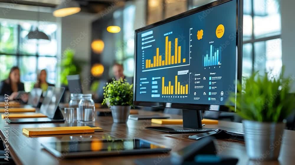 Poster modern office workspace showcasing technology with large screens for data analytics and fostering co