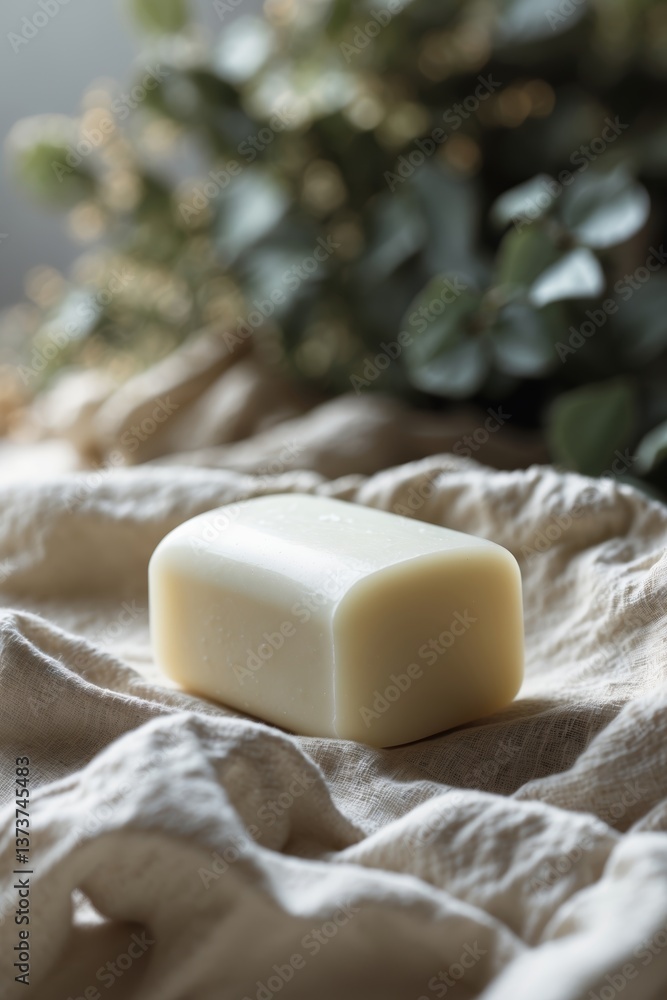 Poster natural soap bar placed elegantly on soft fabric with greenery in the background during daytime