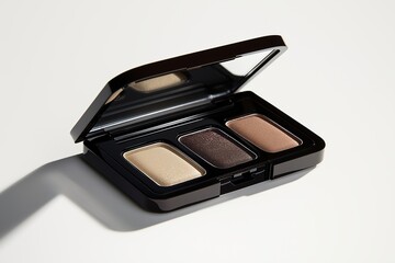 Makeup palette with shades of eyeshadow displayed in an open case on a white background. Colors include soft beige and dark brown tones.